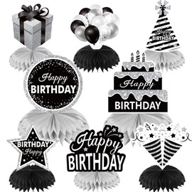 8PCS Black White Silver Birthday Decorations Honeycomb Centerpieces for Women Men, Black White Happy Birthday Table Centerpieces Party Supplies, 16th 21st 30th 40th 50th Birthday Table Topper Decor