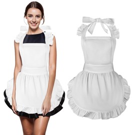 aspire White Apron Retro Ruffle Cooking Apron Maid Costume for Cooking Baking, White