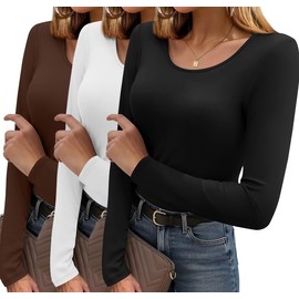 Ekouaer Long Sleeve Shirts for Women 3 Pack Scoop Neck Fitted Tops Thermal Undershirt Stretch Base Layer Soft Tee Brown/White/Black XS