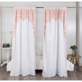 Madhu International Set of 2 Bohemian Curtains - Handmade Cotton Indian Tapestry Curtains - Curtain Drape with Rod Pocket - Floral Printed Mandala Curtain Panel for Living Room - Rose Gold, 41" X 87"