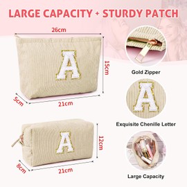 Pack of 2 Initial Makeup Bag, Corduroy Cosmetic Bag, Travel Toiletry Bag, Travel Utensils, Makeup Bag, Women, Christmas, Birthday Gift for Women, Girls, Sister, Pink Cosmetic Bag, beige