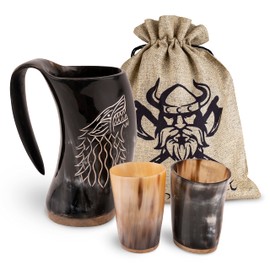 VIKING CRAFT® Drinking Horn Viking Jug 600 ml - Large Horn Jug Fenrir and 2 Viking Cups for Your Viking Mead Honey Wine - Horn Cup, Viking Decoration, Horn Set, Medieval, LARP, Bowls
