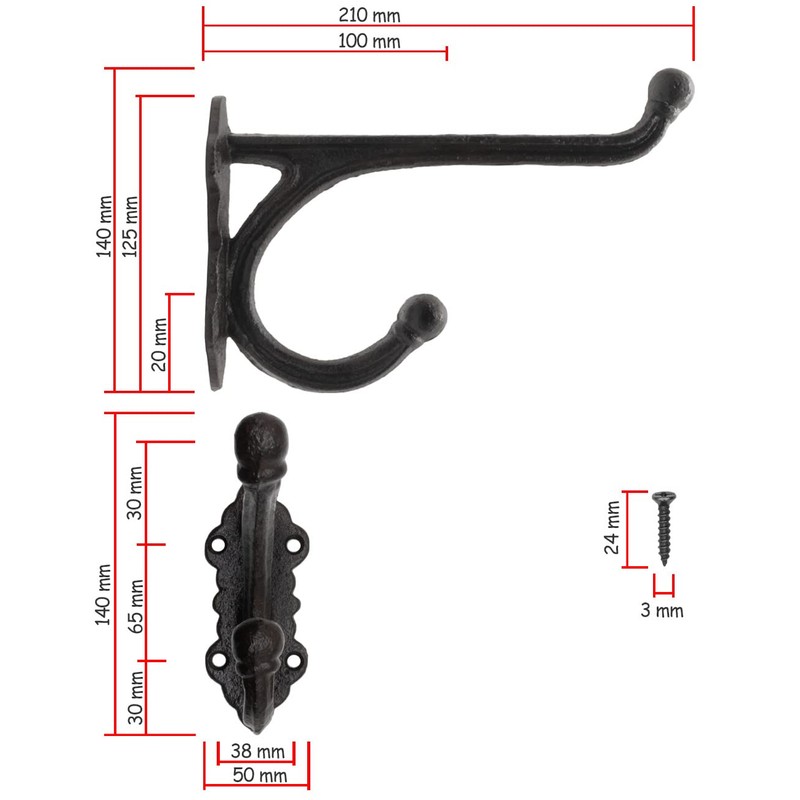 Fuxxer® Rustic Iron Hooks, Coat Hooks, Wall Hooks, 21 x