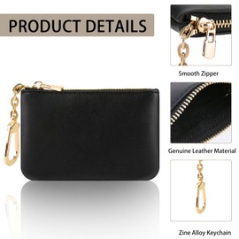 Amaxiu Women Genuine Leather Mini Coin Purse with Keychain, Cowhide Zipper Coin Pouch Credit Card Holder Earphone Lipstick Organizer(Black)