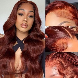 28 Inch Reddish Brown Body Wave Lace Front Wigs Human Hair 180% Density 13x4 HD Lace Front Wigs Human Hair Pre Plucked with Baby Hair Glueless Frontal Wigs Auburn Copper Red Colored Wigs for Women