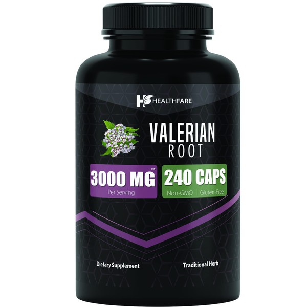 Healthfare Valerian Root Capsules | 240 Pills | 3000mg | Ultra High Potency | Pure Organic Extract Supplement | Non-GMO & Gluten Free