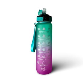 32 oz Water Bottle with Times to Drink and Straw, Motivational Water Bottle with Time Marker, Leakproof, Drinking Sports Water Bottle for Fitness, Gym and Outdoor (Green-Purple)