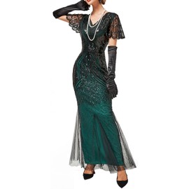 LELOVEFU Women Evening Maxi Long Dress 1920s Sequin Mermaid Hem Wedding Prom Gown Costume w/ 20s Gatsby Accessories Set