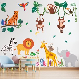 DECOWALL DSL-8057 Jungle Animals Wall Stickers Decor Monkey Climbing Tree Elephant Giraffe Lion House Play Room Kindergarten Nursery Kids Room DIY Wall Decal Sticker Wall Art Stickers Boys Girls Teens