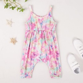 GLIGLITTR Toddler Baby Girl Jumpsuit One Piece Dinosaur Sleeveless Strap Romper Harem Pants Summer Baby Tie Dye Outfits (Pink Tie Dye, 4-5X)