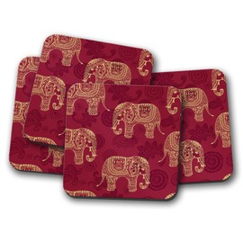 4 Set - Red Elephant Print Coaster - Indian India Mum Gold Auntie Fun Gift #8856