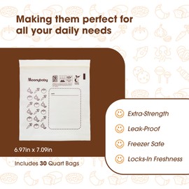 Moonybaby Compostable Quart Size Food Storage Bags (30 Count), Organic Food Storage Container with Food-Safe Zip Seal, Freezer and Leak Proof