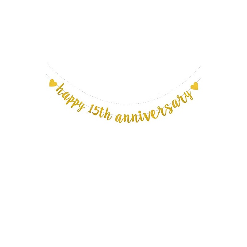 XIAOLUOLY Gold Glitter Happy 15th Anniversary Banner,Pre-Strung, Party Decorations Bunting