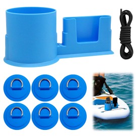 HINGTAI 2-in-1 Paddle Board Cup Holder Kayak Phone Mount Boat Tool with 6 Pcs PVC D-Rings 8.2ft Kayak Stretch Shock Cords Rope, Surfboard Drink Holder Accessories for Fishing Gears