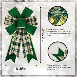Hying 2PCS Christmas Bows for Wreath, Green Velvet Wreath Bows for Christmas Décor Gold Edge Plaid Winter Bows for Front Door Indoor Outdoor Wall Tree Topper Decoration Supplies Christmas Ornament