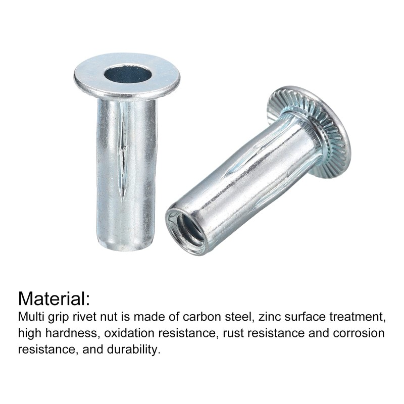 uxcell 1/4-20 Multi-Grip Rivet Nuts, 25pcs Pre-Bulbed Shank Flat Head