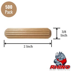 Rhino Wood Industries - 3/8" x 2" - 500 Pack Wooden Dowel Pins - Kiln Dried, Fluted, and Beveled (3/8" x 2", 500pk)