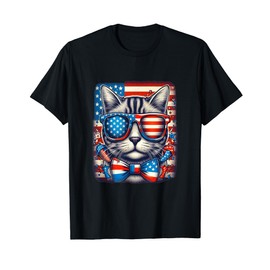American Cat Sunglasses USA Flag 4th of July Cat Graphic T-Shirt for Women Kids Men