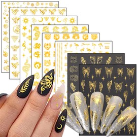 Animal Nail Art Stickers, 3D Honeybee Butterfly Leopard Dragon Snake Tiger Flamingo Fish Nail Transfer Decals, Luxury Gold Nail Self-Adhesive Sticker Designs for Women Manicure Glitter Decorations