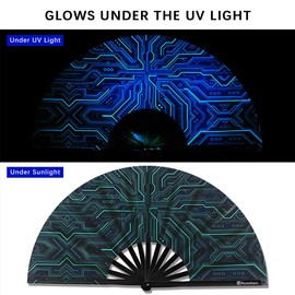 Raveahem Large Folding Fan, 13 Inch Clack Rave Fan Hand Held Fan for Women Men with Premium Satin Fabric, Thick Bamboo Frame for EDM, Music Festival, Party, Dance, Decoration, Gift (Tech Glow)