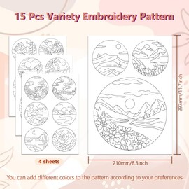 Peacoblue Water Soluble Embroidery Patterns for Beginners Nature and Scener 4 Sheets with 15pcs Patterns, Wash Away Embroidery Pattern Stabilizer for Hand Sewing Lover Women Adults