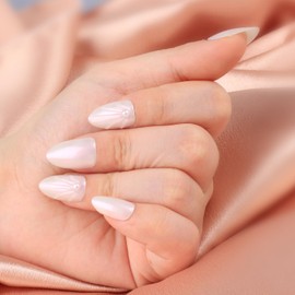 evpct Chrome Press on Nails Short Almond, Glazed Aurora White Holographic Glossy Acrylic Soft Gel Fake Nails Kit with 3D Shell Pearl Designs, Glue on Nails with Nail Glue, Reusable Stick on Nail Kit