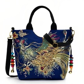 Outdoor Travel Handbags Purse Embroidered Bag Light Canvas Peacock Embroidery Handmade Fabric Luxury - Color: Dark blue