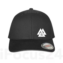 Flexfit VALKNUT ODIN NORSE GOD VIKING SYMBOL Fitted Flex Fit Black Hat Round Bill Cap   - Black on Black, L/XL