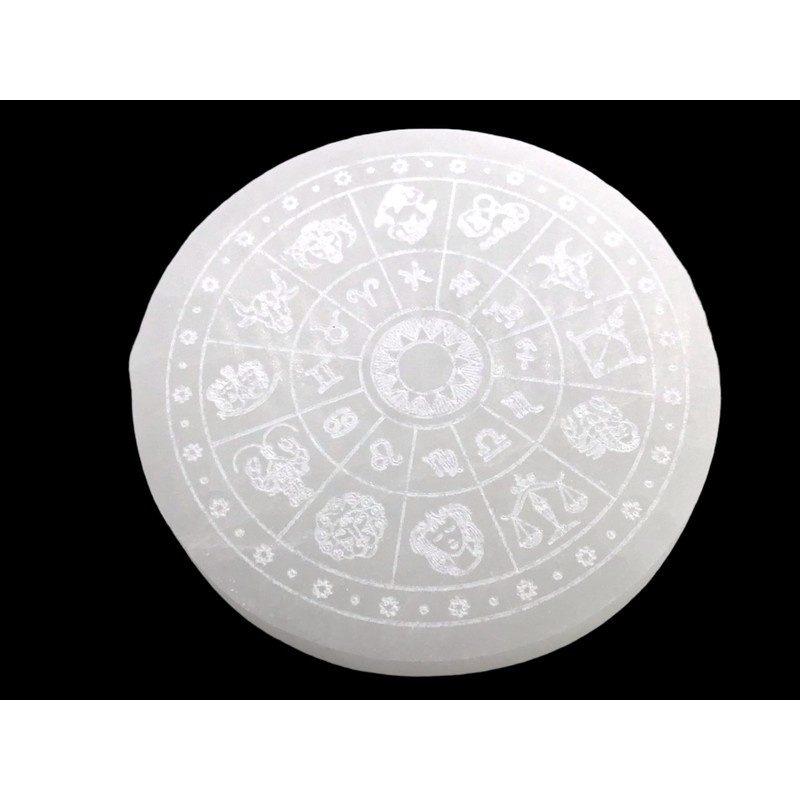 Selenite Charging Plate with Zodiac Sign "Astrology" Engraving Diameter 10.5