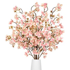Waipfaru Cherry Blossom Decor, 40'' Cherry Blossom Tree Branches, 4 Pcs Long Stem Artificial Flowers for Tall Vase, Fake Flowers for Spring Home Indoor Outdoor Decoration (Champagne)