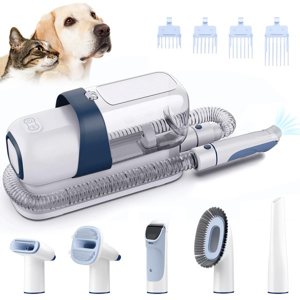 LMVVC Pet Grooming Kit, Dog Grooming Clippers with 2.3L Vacuum Suction 99% Pet Hair, Pet Grooming Vacuum Low Noise with 5 Pet Grooming Tools and 4 Clipper Guards for Dogs Cats (Blue & White)