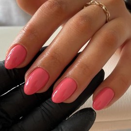 KQueenest Coral Press On Uñas Ovaladas Cortas, Clavos Acrílicos Gruesos Presione Ons, Clavos Cortos de Almendra Pegamento En, Uñas Falsas Redondas Nat