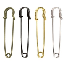 Forahome Safety Pin Extra Large 4 Colors 75mm Large Safety Pin Kabuto Pin Lock Safety Pin Hat Stole Scarf Pin Durable Easy DIY Craft Supplies Accessories Parts (Gold, Silver, Black, Antique Gold)
