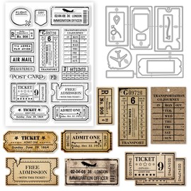 GLOBLELAND Retro Air Travel Ticket Clear Stamp Plane Postcard Cutting Dies Set Vintage Ticket Silicone Clear Stamps and Metal Arrow Die Cuts for Card Making and DIY Embossing Scrapbooking Craft Decor