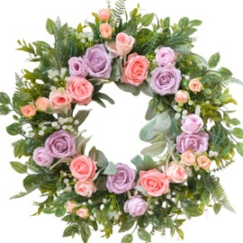 TEMPUS 22" Spring Wreath for Front Door - Purple Pink Peony & Silk Rose Wreath with Lamb's Ear Leaves, Farmhouse Floral Door Decor for Spring Summer