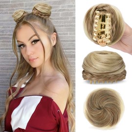SOFEIYAN 2PCS Mini Claw Clip in Hair Bun Braid Messy Cat Ears Hair Bun Extension Synthetic Donut Wig Accessory Updo Space Bun Braid Hair Pieces for Women Girls, Dark Blonde & Bleach Blonde mix