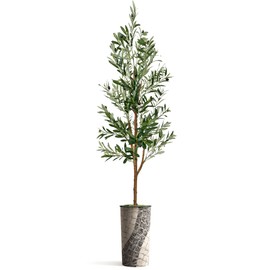 Artificial Tree in Geometric Pattern Planter, Fake Olive Silk Tree for Indoor and Outdoor Home Decoration - 68" Overall Tall (Plant Pot Plus Tree)