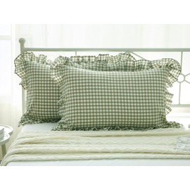 2 Pack Sage Green White Plaid Ruffles Pillow Shams Checkered Pillowcases Gingham Queen Size Pillow Cases Washed Cotton Farmhouse Cottage Pillow Covers for Bed/Sofa(20X30inches,Sage Green/White Plaid)