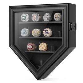 Championship Ring Display Case, 12 Posts Baseball Ring Holder, Lockable Wall Mount Wooden Shadow Box for Multiple Championship Rings