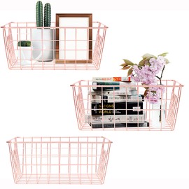 Metal Wire Storage Basket with Handles for Kitchen Food Pantry Papers Home Office Desk, Bathroom Laundry Room Storage, Bedroom Bed Room Organizer, Rose Gold,3PCS