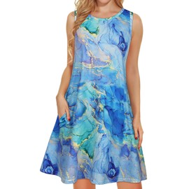 elescat Summer Dresses for Women Sleeveless Pockets Sundress Cotton Casual Tank Dress（Blue Tie Dye, L）