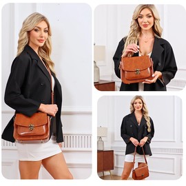 LOXOMU Small Cross Body Bag for Women, Vintage Top-handle Handbag PU Leather Shoulder Bags Multi Pockets Anti-theft Bag with Adjustable Strap (Brown)