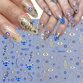 2 Sheets Star Evil Eye Nail Stickers for Nail Art, 3D Self-Adhesive Nail Decals Gold Star Snake Summer French Nail Supplies Nail Art Design Accessories for Women and Girls Manicure DIY Decoration