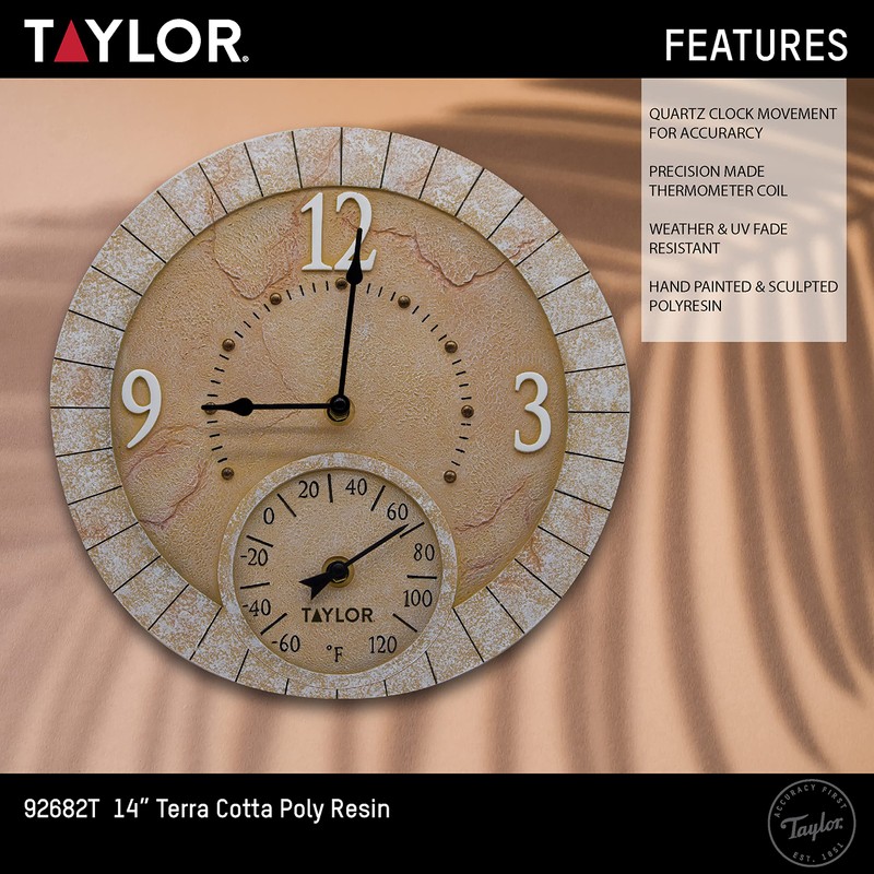 Taylor Terra Cotta Poly Resin Indoor and Outdoor Clock and
