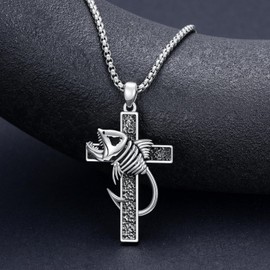 PROESS Sterling Silver Cross Fish Hook Necklace for Men Women Cross Pendant Necklace Fish Jewelry Birthday Christmas Cross Gift (11-Fish Hook)