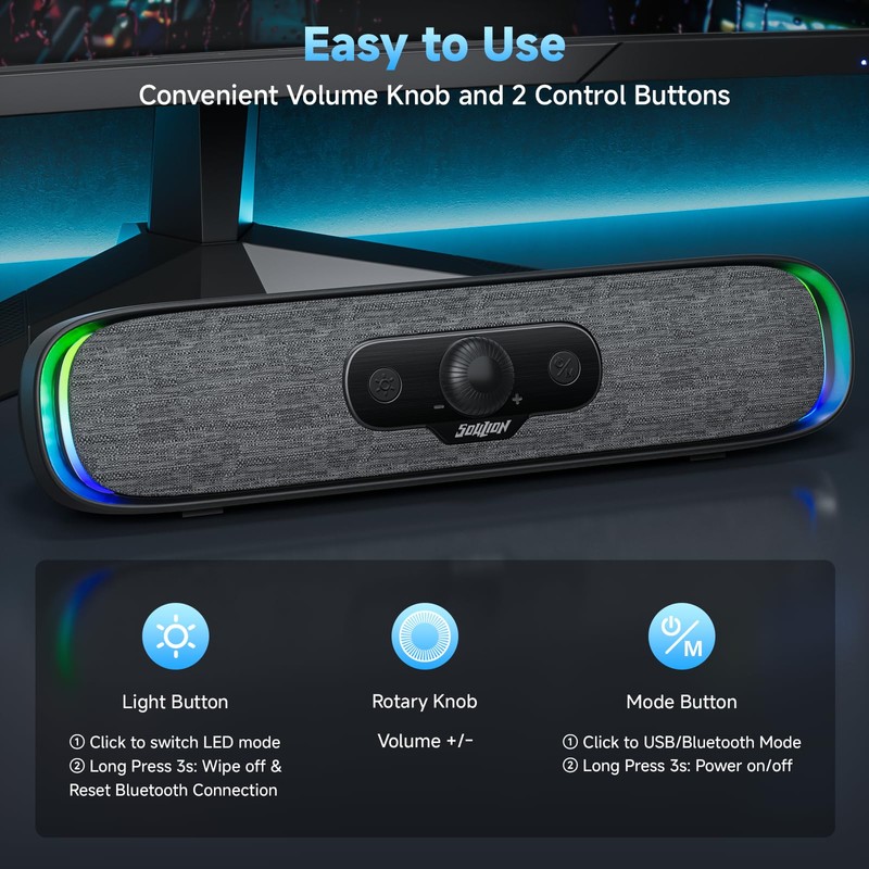 SOULION R200 PC Speaker USB Bluetooth Soundbar for Laptop, Monitor,