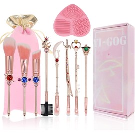 Makeup Brushes Set Moon, Kawaii Cosmetic Brushes Pink Portable Make up Brushes Basic Set with Storage Bag Novelty Gift for Girl Women (9Pcs Pink Set)