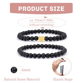 JENCVNL 2 Pcs Natural Beaded Bracelets, 6mm Gemstone Stone Bracelet, Heart Crystal Stone Beaded Bracelet for Women Girls (Black)