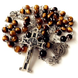 elegantmedical Catholic Nice Saint St. Benedict Tiger Eye Beads Gift Rosary Necklace Cross Jerusalem