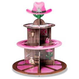 Haooryx Pink Western Cowgirl Cupcake Stand - 3 Tier Wild West Wooden House Barn Door Cupcake Tower Cardboard Dessert Holder for Western Cowgirl Theme Girls Birthday Party Baby Shower Table Supplies